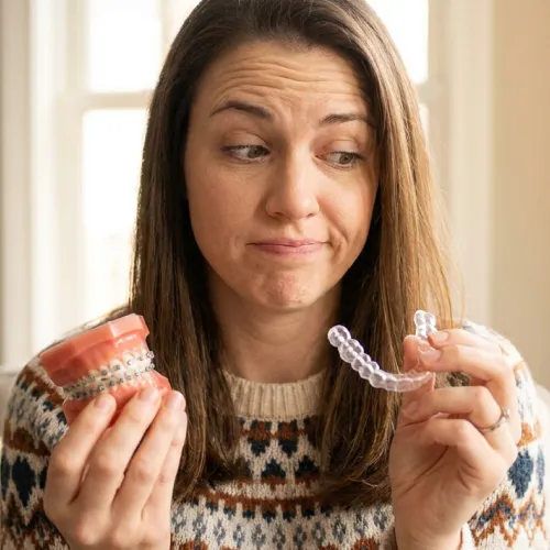 Woman holding clear aligner in one hand and mouth model with metal braces in the other hand.