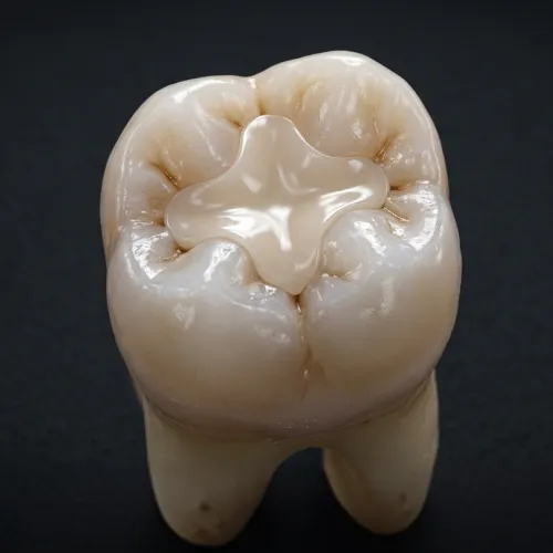 Tooth with white filling on black background.
