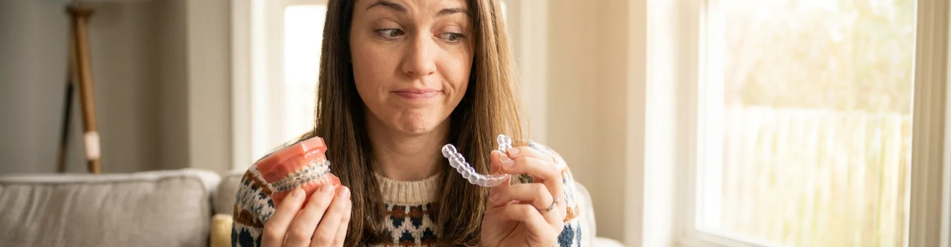 Woman holding clear aligner in one hand and mouth model with metal braces in the other hand.